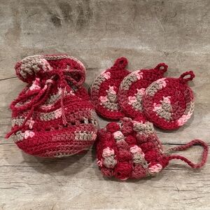 Handmade Cotton Crochet Bath Set - Drawstring Bag + Face pads + Soap pouch